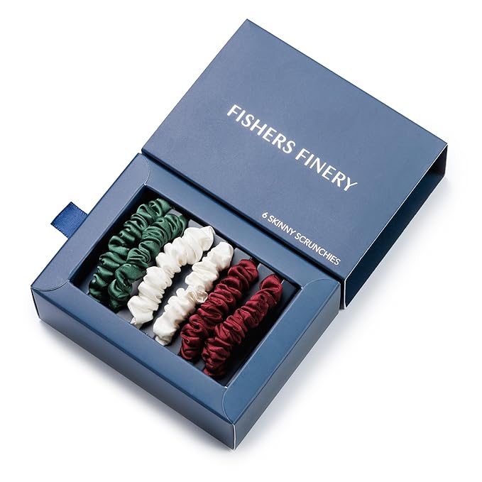 Fishers Finery 25 Momme Pure Mulberry Silk Skinny Scrunchies | Hair Tie Set for Thin Hair (Red|Green|White - 6 Pk)