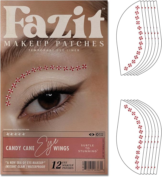 Fazit Makeup Patches - Candy Cane Eye Wings - Glow Up Make-Up Patches - Cute Glitter Makeup Accessories for Women - Cosmetic Glitter for Face