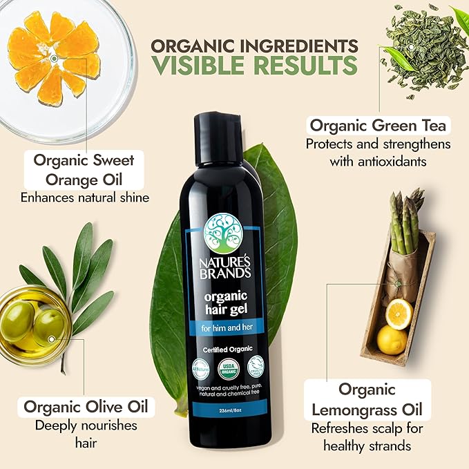 Nature’s Brand - Herbal Choice Mari Organic Hair Gel, 8 Oz - All-Day Hold for Curly & Straight Hair, Nourishing, Rosehip & Olive Oil Gel with Sweet Orange, Lemongrass - Hydrates Color-Treated Hair