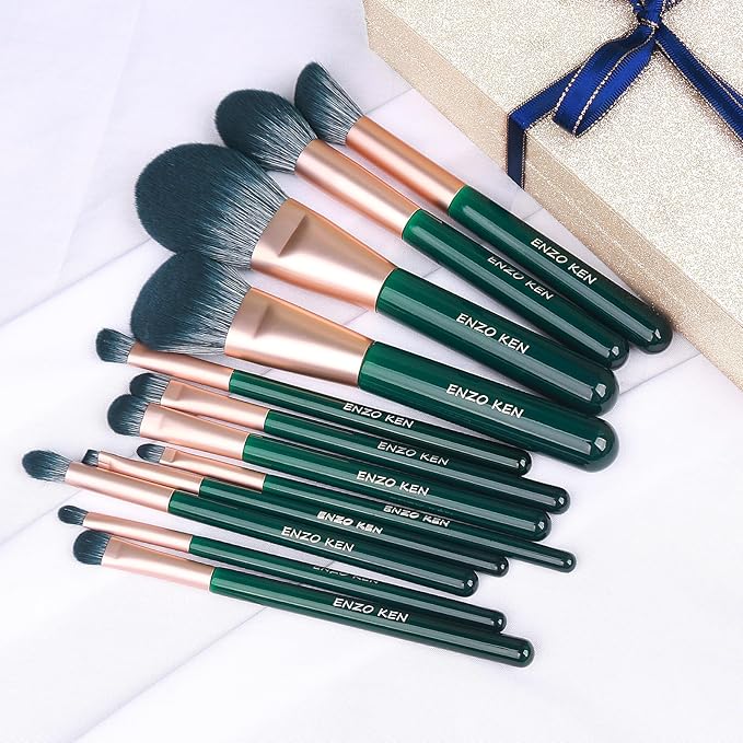 Natural Fiber & Goat Hair Makeup Brush Set Professional, Combined Hair Makeup Brushes Set with Case by Luxury ENZO KEN, Emerald Green Cosmetic Brushes Makeup Set, Natural Bristle Makeup Brushes.