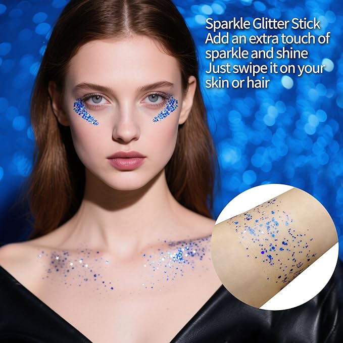 MEICOLY Royal Blue Body Glitter Stick,Hair Glitter Stick for Women,Waterproof Sparkle Chunky Face Glitter Makeup for Halloween Mardi Gras Party Rave Party Festival