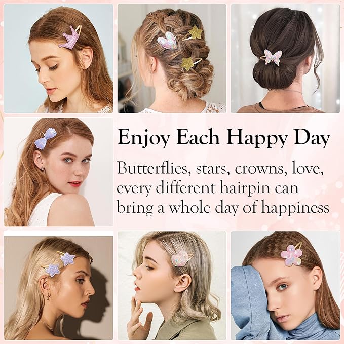 Gingbiss Hair Clips Set: 16 Sparkly Metal Snap Barrettes for Girls, Flower/Star/Crown/Heart/Butterfly Shaped Styling Accessories