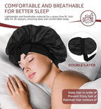 HiRui Silk Satin Bonnet for Sleeping Women, Double-Layer Sleep Cap Shower Cap with Adjustable Tie, Moisture Retaining Satin Lined Hair Bonnet for Curly and Natural Hair (Black, Medium)