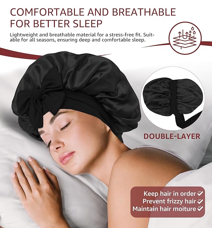 HiRui Silk Satin Bonnet for Sleeping Women, Double-Layer Sleep Cap Shower Cap with Adjustable Tie, Moisture Retaining Satin Lined Hair Bonnet for Curly and Natural Hair (Black, Medium)