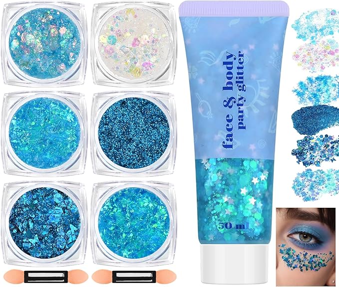 Blue Face and Body Hair Glitter Gel, Party Concerts Cheer Face Paint Holographic Chunky Festival Rave Accessories Glitter Makeup, 6 Kinds of Sparkling Sequins for Hair Nail Eye Lip Body