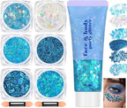 Blue Face and Body Hair Glitter Gel, Party Concerts Cheer Face Paint Holographic Chunky Festival Rave Accessories Glitter Makeup, 6 Kinds of Sparkling Sequins for Hair Nail Eye Lip Body
