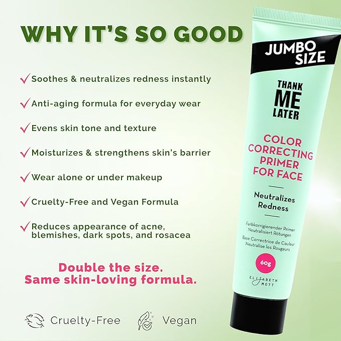 Elizabeth Mott Thank Me Later Color Correcting Face Primer Jumbo 60g (2X Size) – Niacinamide & Cica Soothes Redness – Evens Skin Tone, Grips Makeup for All-Day Wear – Cruelty-Free