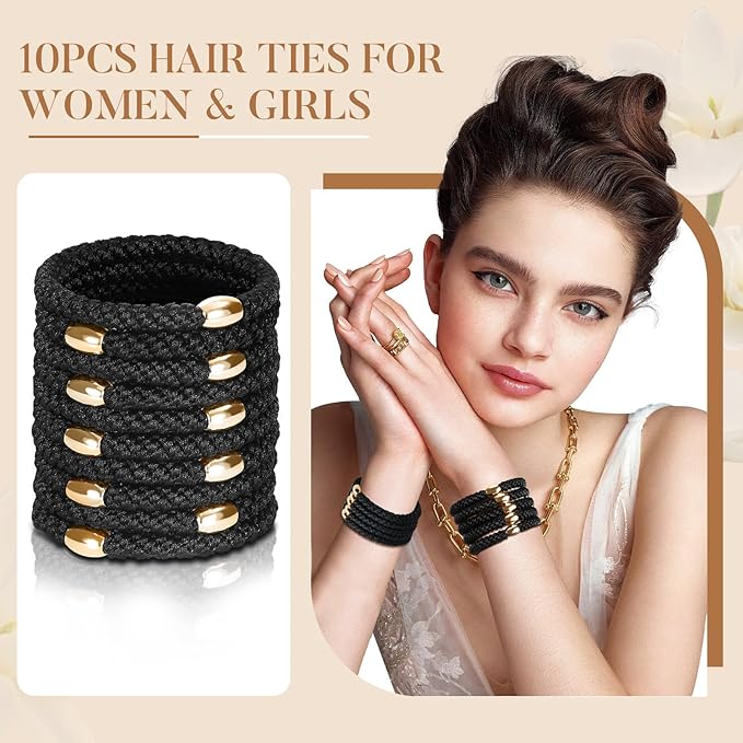 Hair Ties No Damage - 10PCS Ponytail Holders - Elastic Hair Ties for Thick Hair - Braided Hair Bands for Women Girls's Hair - Black