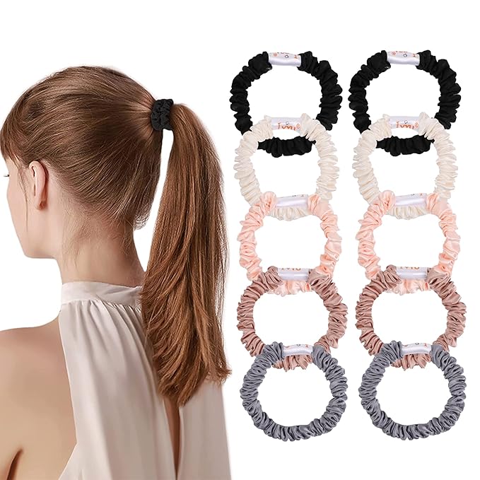 Hair Ties Silk Satin Scrunchies - Small Mini Thin Elestics Ponytail Holder Hair Bands Skinny Scrunchy For Thick Curl Hair No Crease Hair Ties Soft Accessories No Hurt Your Hair for Women and Girls (Basic color)