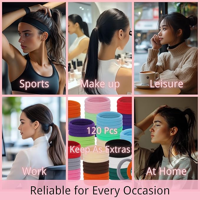 LuSeren 120PCS Colorful Hair Ties for Women – Soft Seamless Nylon Ponytail Holders, No Damage Fabric Hair Elastics for Thick Hair & Daily Matching