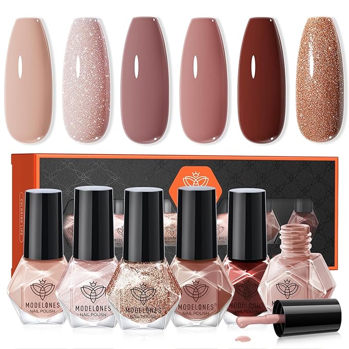 modelones Brown Nail Polish Set 6 Colors, Nude Burgundy Glitter Fall Winter Quick Dry Mini Nail Lacquer Kit Dark Red Nail Art DIY Home Salon Nail Art Manicure Gifts for Women Girls