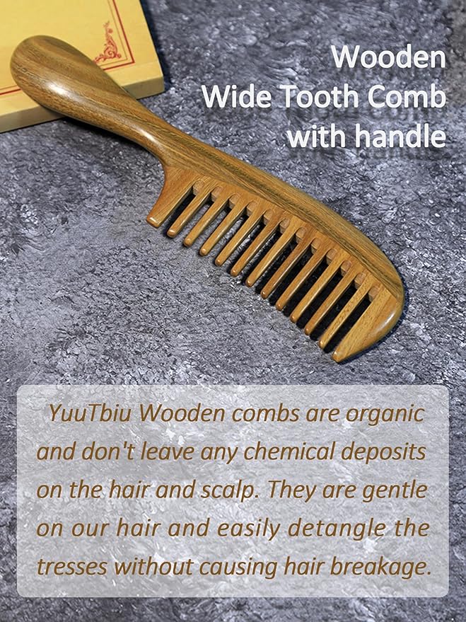 Green Sandalwood Wide Tooth Hair Comb with Handle - Detangling Brush for Curly/Coily Hair, Split Ends Repair & Gentle Scalp Care (Anti-Static Wooden Design)