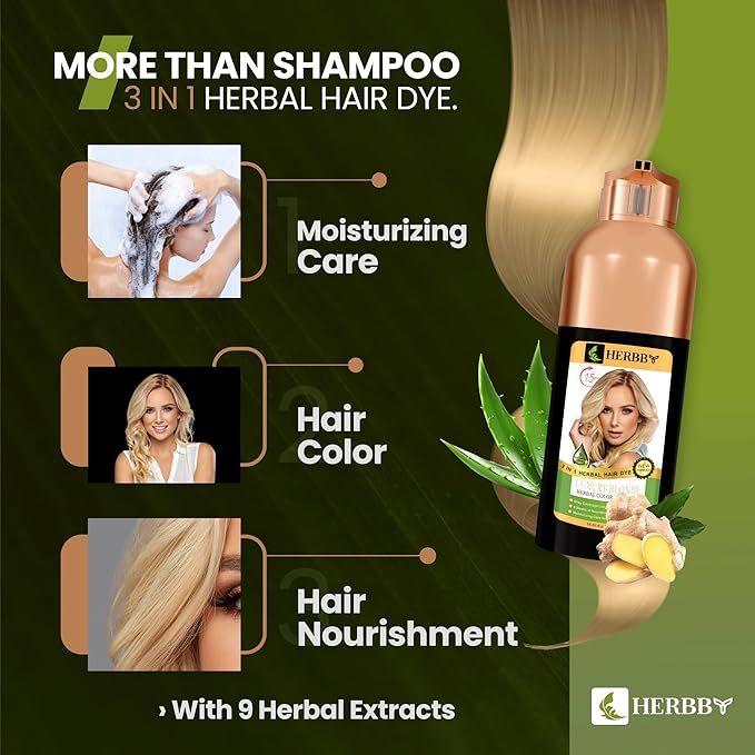 HERBBY Hair Color Shampoo for Gray Hair Coverage&Color Transform with 9 Herbal Extracts –Long Lasting(6-8 Weeks),Shiny,Evenly Colored,Instant Hair Dye Shampoo&Conditioner,500 Ml (LUXURY BLONDE COLOR)