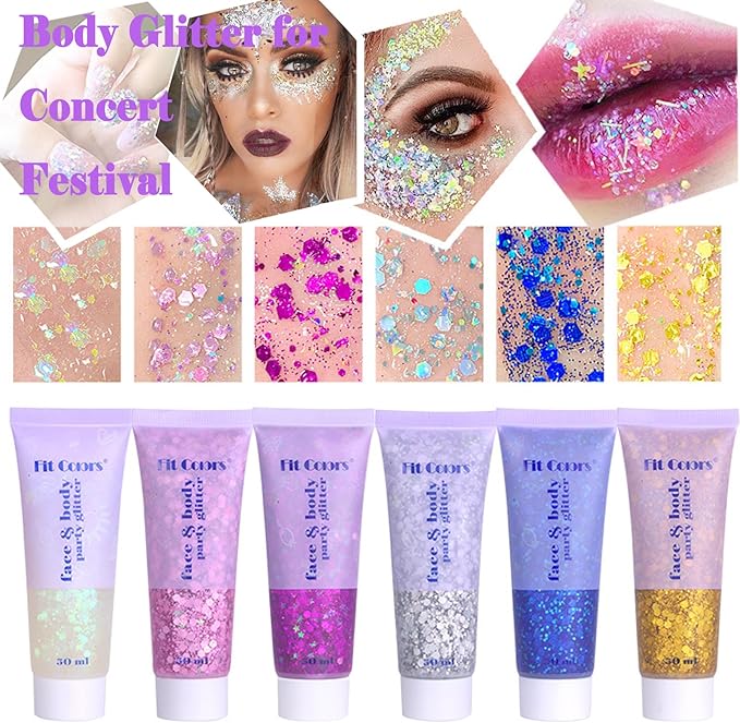 Body Glitter Face Glitter Gel: Singer Concerts Disco Festival Rave Accessories Face Glitter Makeup Chunky Sequins Mermaid Face Body Hair Glitter Gel (White&Pink&Rose&Lake Blue&Orange)