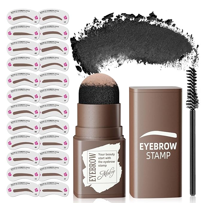 Eyebrow Stamp Stencil Kit - Long-Lasting Eyebrow Powder with Brush, Waterproof & Smudge-Proof Brow Shaping Kit with 24 Reusable Thin & Thick Eyebrow Stencils for Voluminous Brow (Black)