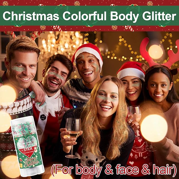 Christmas Body Glitter Stick, Waterproof Halloween Face Glitter Gel, Chunky Glitter Face Paint, Green Red White Sequin Hair Glitter Makeup for Women and Kid (Green Red White)