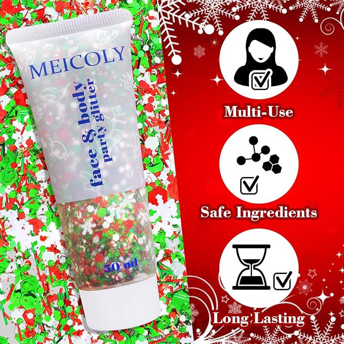 MEICOLY Christmas Face Body Glitter Gel,Christmas Hair Glitter,Christmas Accessories Stocking Stuffers Gift Decorations,Festival Face Glitter Makeup for Women Kids Girls,Chunky Glitter Face Paint