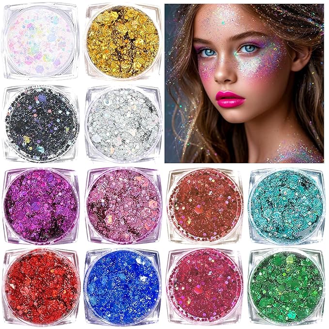 Body Glitter Face Glitter, Hair Glitter for Kids, 12 Shapes Fine Chunky Glitter Gel for Women Girls Makeup Sparkles Party Mermaid Sequins Rave Accessories Singer Concerts Festival (12 Colors)