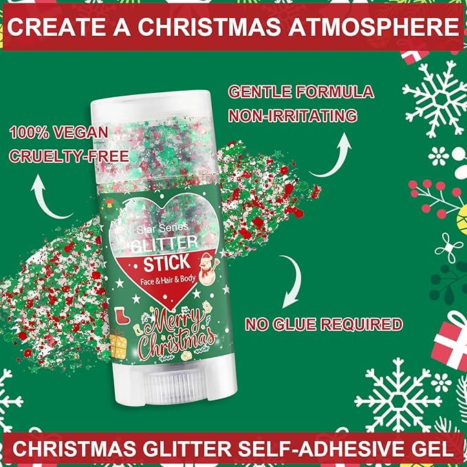 Christmas Body Glitter Stick, Waterproof Halloween Face Glitter Gel, Chunky Glitter Face Paint, Green Red White Sequin Hair Glitter Makeup for Women and Kid (Green Red White)