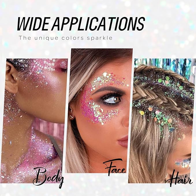 Gold Face and Body Glitter Gel, Party Concerts Cheer Face Paint Holographic Chunky Festival Rave Accessories Glitter Makeup Gel, 6 Kinds of Sparkling Sequins for Hair Nail Eye Lip Body