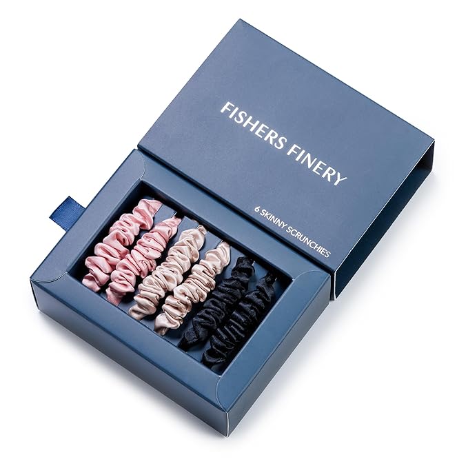 Fishers Finery 25 Momme Pure Mulberry Silk Skinny Scrunchies | Hair Tie Set for Thin Hair (Black|Pink|Champagne- 6 Pk)