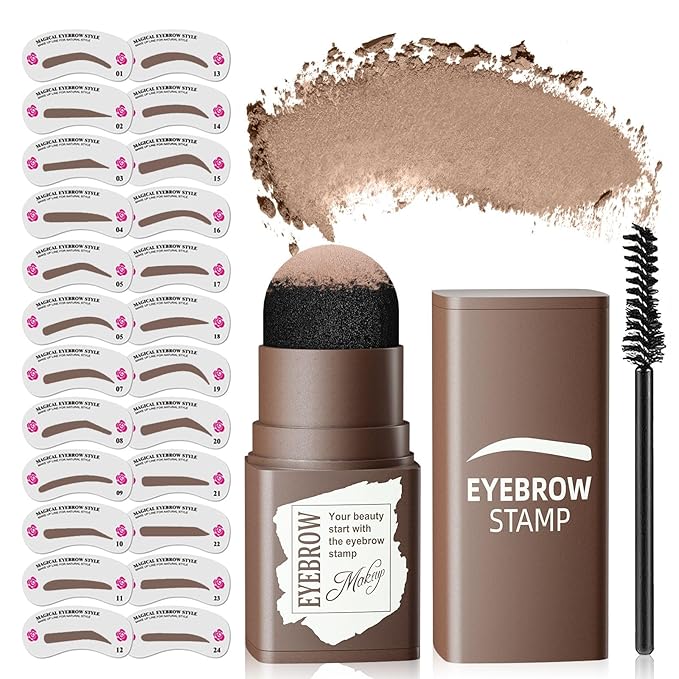 Eyebrow Stamp Stencil Kit - Long-Lasting Eyebrow Powder with Brush, Waterproof & Smudge-Proof Brow Shaping Kit with 24 Reusable Thin & Thick Eyebrow Stencils for Voluminous Brow (Light Brown)