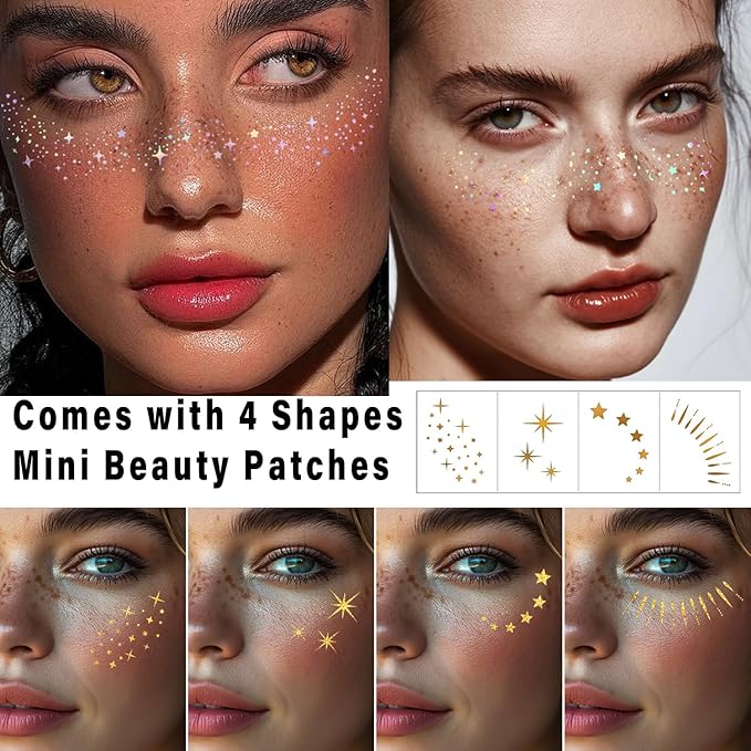Glitter Freckles, Holographic Face and Body Glitter Tattoo Sparkle for Women Gold Glow Cosmetic Star Makeup Accessories for Festival Rave (Holographic&Gold)