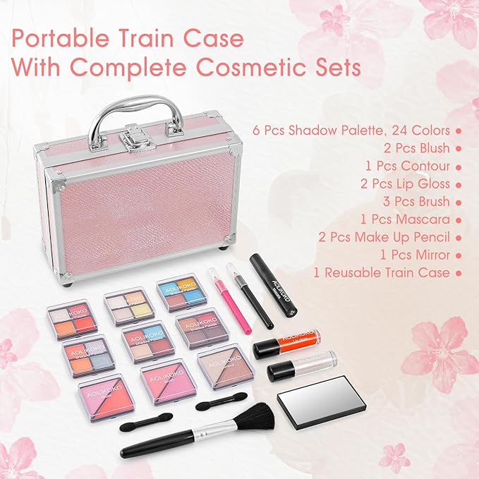Makeup Kit for Teenager & Women Full Kit, All in One Makeup Set With The Small Cosmetic Train Case, Professional Makeup Kit, Makeup Gift Set for Women Girls (pink)