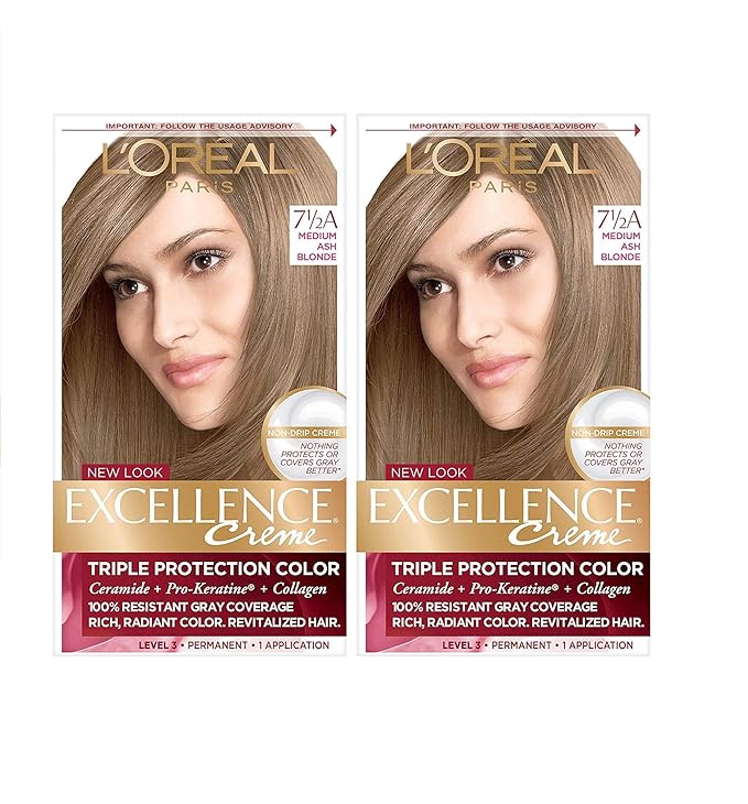 L'Oreal Paris Excellence Crème Permanent Hair Dye, Triple Care Hair Color with Pro-Keratine Complex for 100% Gray Hair Coverage, 7.5A Medium Ash Blonde, 1 Kit (Pack of 2)