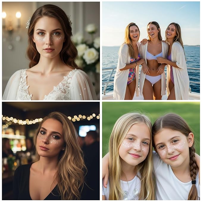 Face Glitter Freckles, 12 Pcs Silver Temporary Face Tattoos Stickers Waterproof Sparkle Face Speckles Makeup Patches Cute Body Temporary Tattoo Rave Accessories for Women Music Festival Accessories