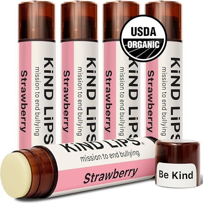 Kind Lips Organic Strawberry Lip Balm 5-Pack – Fruity, Sweet, and Long-Lasting Lip Care • 100% Natural, Clean, Gluten-Free, Grain-Free • Made in USA • Family Value lip chap Set