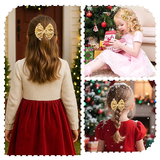 Velvet Sequin Hair Bows Elegant Gold Bow for Women Girls, 4in Glitter Handmade Hair Clips Alligator Clips Sparkly Ponytail Holder Hair Accessories for Christmas, Birthday Party, Wedding, Valentines