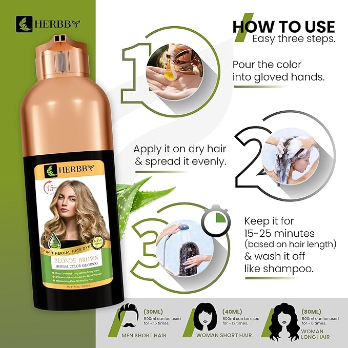 HERBBY Hair Color Shampoo for Gray Hair Coverage&Color Transform with 9 Herbal Extracts –Long Lasting(6-8 Weeks),Shiny,Evenly Colored,Instant Hair Dye Shampoo&Conditioner, 500 Ml (BLONDE BROWN COLOR)