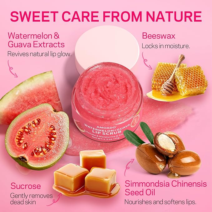 AMOADO Sugar Lip Scrub for Dark Lips – Exfoliating Lip Scrub for Smooth & Soft Lips with Watermelon & Guava, Lip Exfoliator & Moisturizer for Dry, Chapped Lips, Natural Lip Care, 1.2 oz/35g