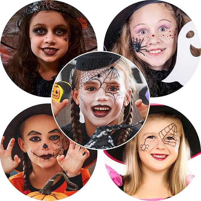 10Pcs Halloween Face Makeup Patches, Glitter Freckles Face Tattoo for Teenagers & Young Women, Sparkle Freckles Makeup Patches, Waterproof Face Glitter Freckles (10Pcs Red)