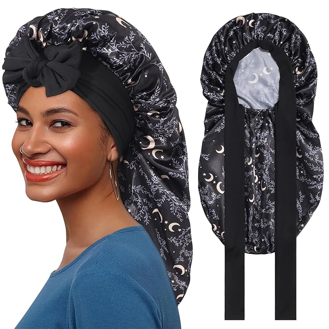AWAYTR Long Satin Bonnet for Braids - Elastic Silk Hair Bonnets for Sleeping Night Cap Stretchy Tie Band for Women(Star and Moon)