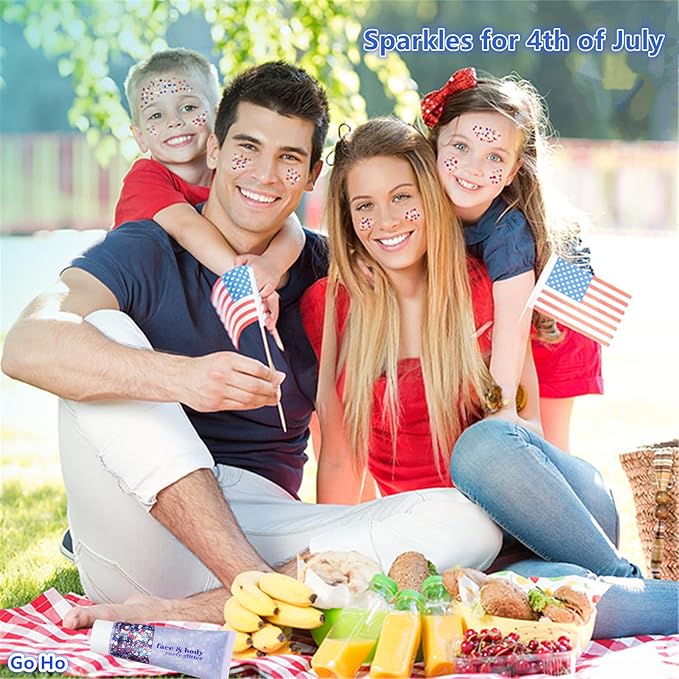 Go Ho Red White and Blue Body Glitter,Patriotic Pride Face Glitter Gel,4th of July Outfits for Women Reflective Glitters Makeup,Holographic Long Lasting Chunky Sequins,Fourth of July USA Accessories