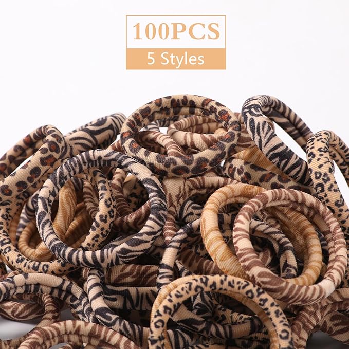 Bessrung 100PCS Seamless Elastic Hair Ties for Women Girls, No Damage Ponytail Holders for Thin Thick Hair, Leopard Animal Print Hair Bands for Women's Hair, Hair Accessories for Girls Christmas Gift