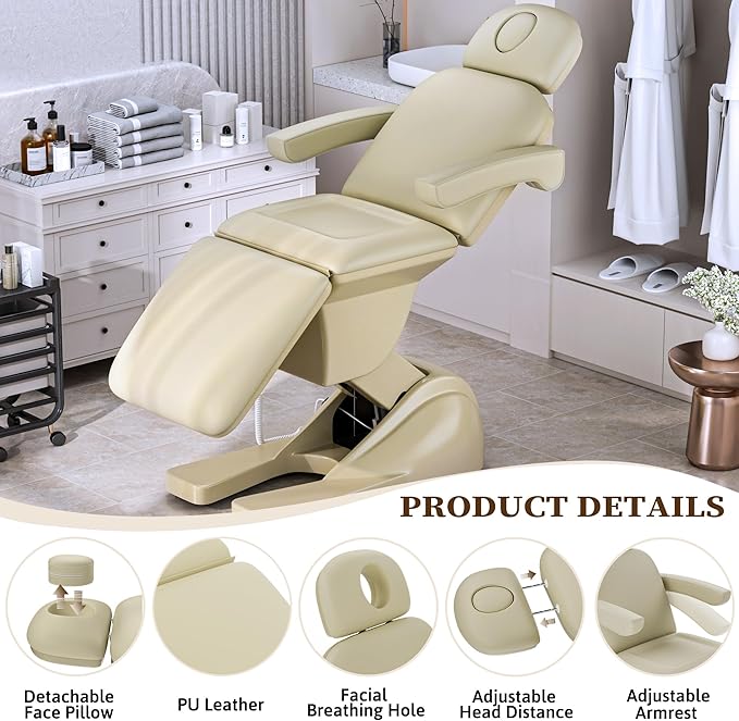 3 Motor Electric Esthetician Bed, Fully Electric Facial Chair with Adjustable Height, Backrest and Footrest, Spa Chair with Armrest & Heavy Duty Base, PU Leather for Spa, Tattoo, Eyelash and So On