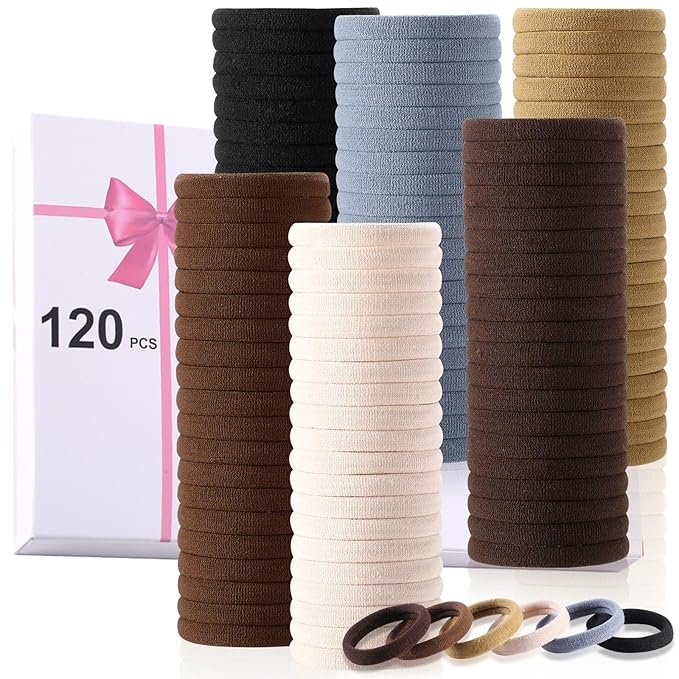 LuSeren 120 Pcs No Damage Hair Ties for Thick Hair, Large Soft Seamless Nylon Hair Elastics for Women, Ponytail Holders, Hair Accessories – Neutral Colors