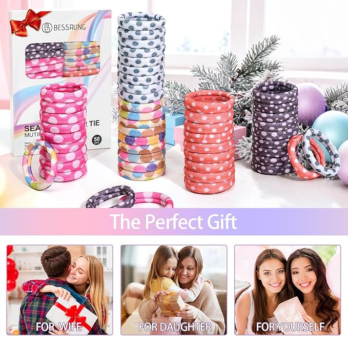 Bessrung 50 Pack Seamless Polka Hair Ties, No Damage Elastics Hair Ties for Women Girls, Soft Stretchy Ponytail Holders for Thin Thick Hair, Snag-Free Hair Bands Christmas Gift(Multicolored)