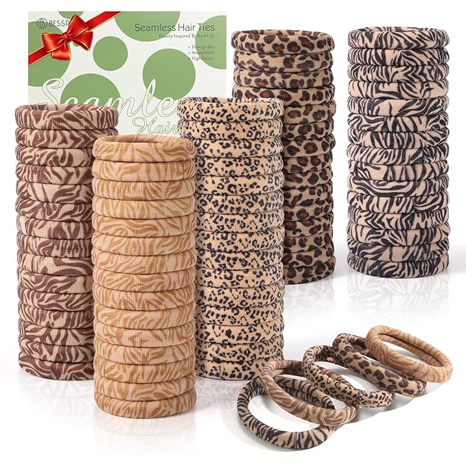 Bessrung 100PCS Seamless Elastic Hair Ties for Women Girls, No Damage Ponytail Holders for Thin Thick Hair, Leopard Animal Print Hair Bands for Women's Hair, Hair Accessories for Girls Christmas Gift