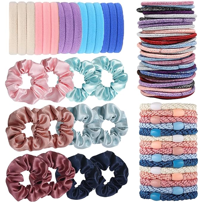 Hair Ties for girls 4 popular styles Hair Elastics (15pcs No Damage Hair Ties 50pcs High Elastic Ties 15pcs Ponytail Holders 12 Satin Scrunchies) Pain-free No Crease multiple colors for all hair types