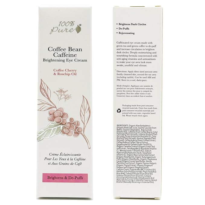 100% PURE Coffee Bean Caffeine Eye Cream Refresh & Hydrate Under Eye Treatment Reduce Puffiness, Dark Circles, Wrinkles with Green Tea, Rose Hip, Vitamin E - Youthful Vibrant Eyes - Vegan - 1 oz