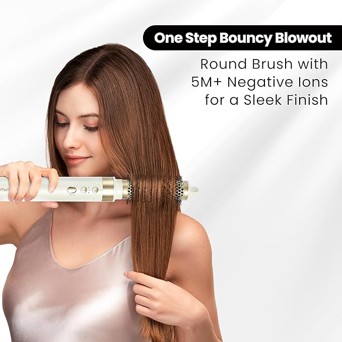 GLAMUP® 6 in 1 Hot Air Styler, Upgraded Long Barrel, Round Brush, Powerful High Speed Dryer, Tight Grip, Curling Volumizing Gift Set with Travel Bag