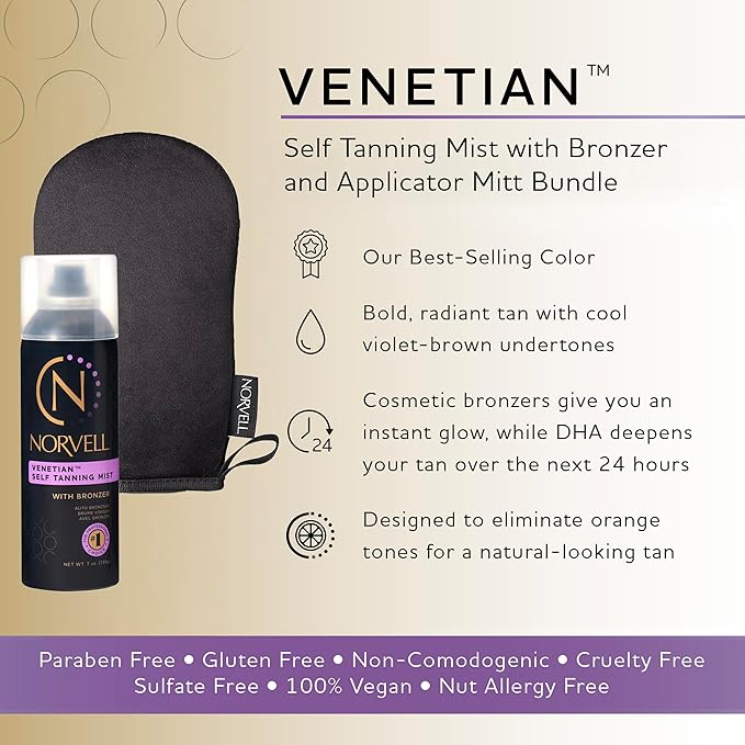 Norvell Venetian Sunless Tanning Set – 7 fl oz Aerosol Mist with Bronzer + Reusable Applicator Mitt for Flawless, Streak-Free Glow