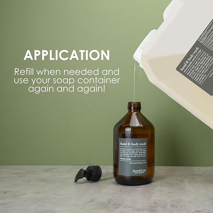 Jean & Len Hand & Body Wash Rosemary and Ginger in canister, cleans and cares for the skin, spicy fresh scent, liquid soap in refill canister, without silicones & parabens, 169.07 Fl. OZ.