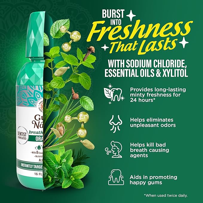 GuruNanda Fresh Breath Mouthwash, ADA-Accepted, Alcohol & Fluoride-Free, Sodium Chlorite, Essential Oils & Vitamins, 12-Hrs Fresh Breath, Wild Mint, 16 oz - 2 Pack