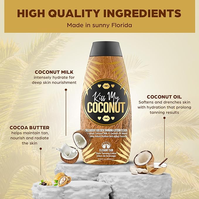 Kiss My Coconut - Tanning Bed Lotion, Skin Softening Golden Tan Intensifier with Coconut Milk & Cocoa Butter, No Bronzer, Unisex Hydrating Indoor/Outdoor Accelerator by Elegant Sun