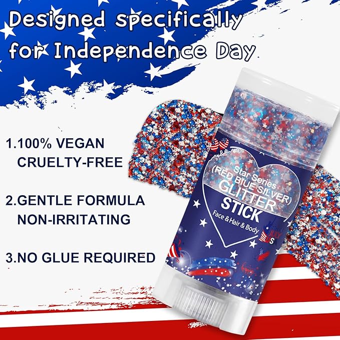 Patriotic Body Glitter Stick, Waterproof Face Glitter Gel, Chunky Glitter Face Paint, 4th of July Red White Blue Sequin Hair Glitter Makeup for American Pride USA Flag Makeup for Independence Day